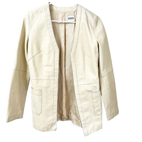 Designer Unique Women Biege Cosmo Bella Leather Biker Jacket Classic Pockets Vtg - Picture 1 of 11